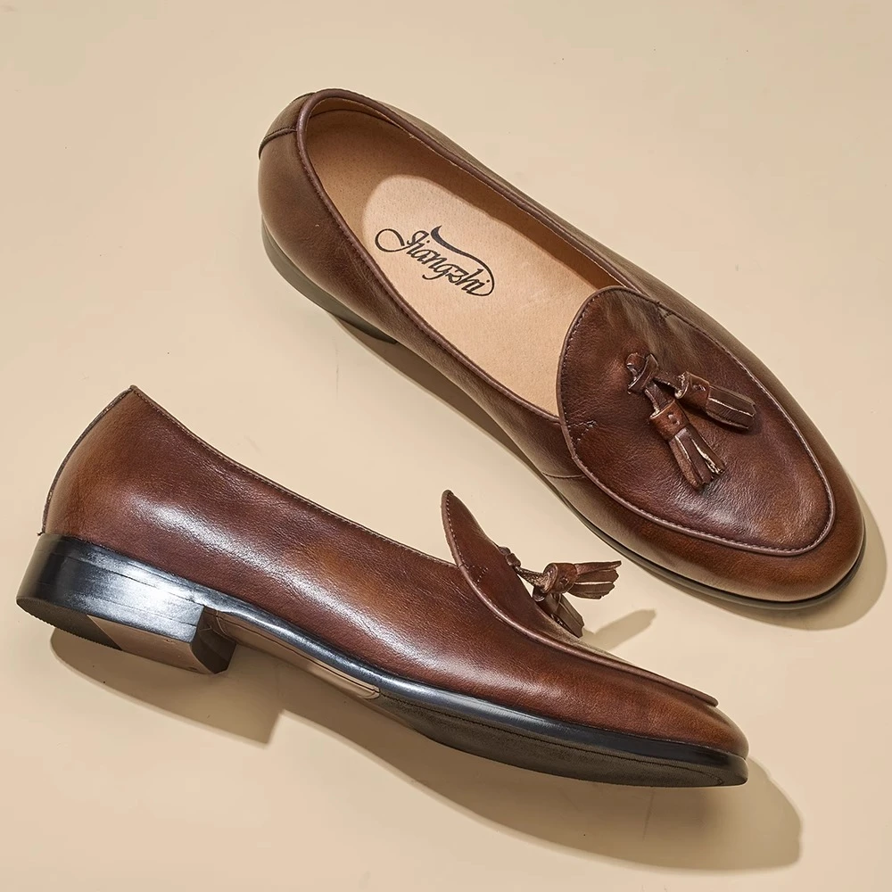 流苏乐福鞋男春季新款英伦复古休闲皮鞋软面真皮一脚蹬懒人豆豆鞋