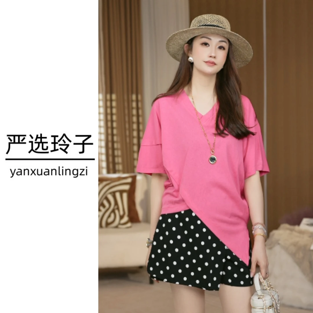 【风铃推荐】2025夏季新款净色百搭V领T恤休闲不规则斜角网红上衣