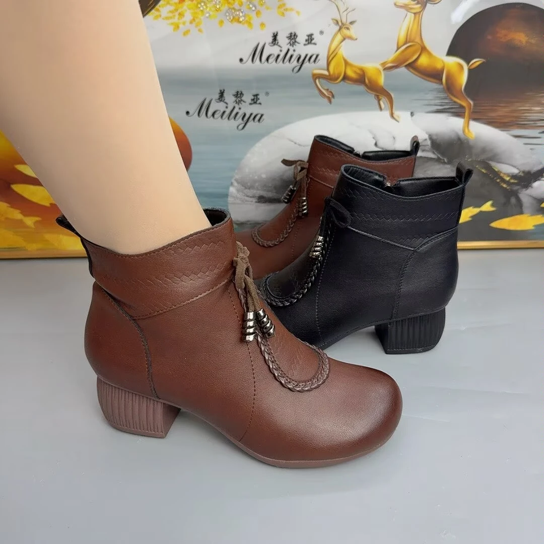 【复古缝线】真皮圆头加绒棉靴2025新款软底女短靴时尚气质爆款女鞋