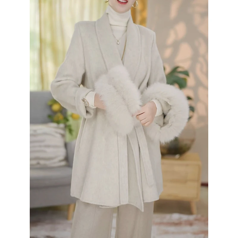 25新款双层可拆卸毛圈秋冬毛呢外套毛领大衣白色西装91112
