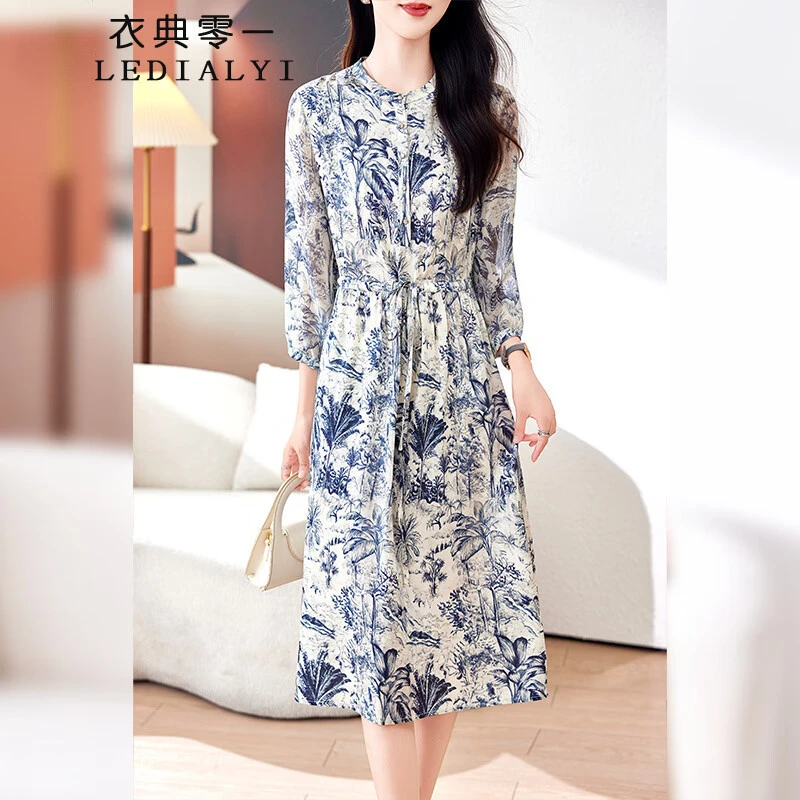 杭州时尚重磅真丝连衣裙女2025夏季新款收腰显瘦七分袖桑蚕丝裙子