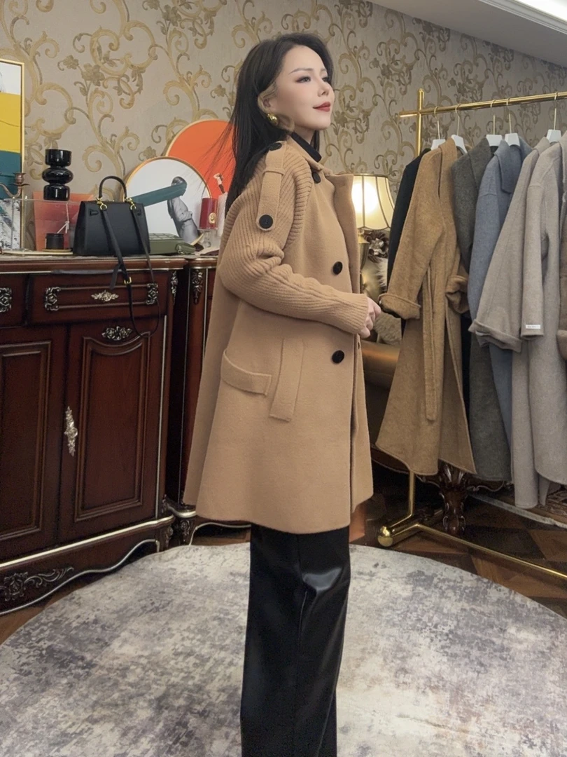 双面绒加厚雪尼尔针织外套女士秋冬季双排扣宽松显瘦中长款大衣