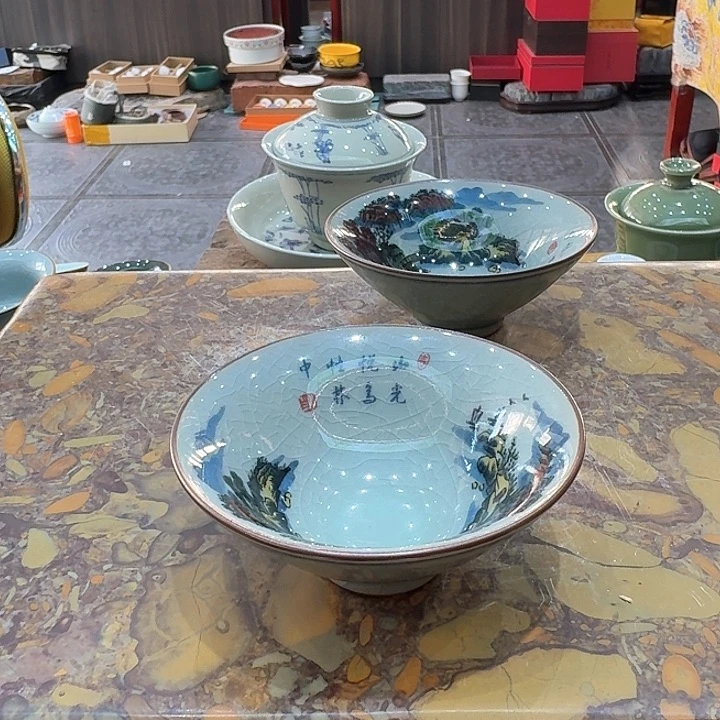 山水盏杯两个～（自然开片）