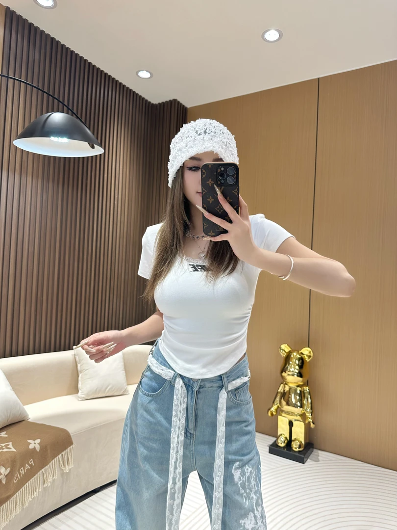 DA989 【蕾丝拼接花边抽褶T恤】春夏百搭修身显瘦蕾丝花边短袖上衣