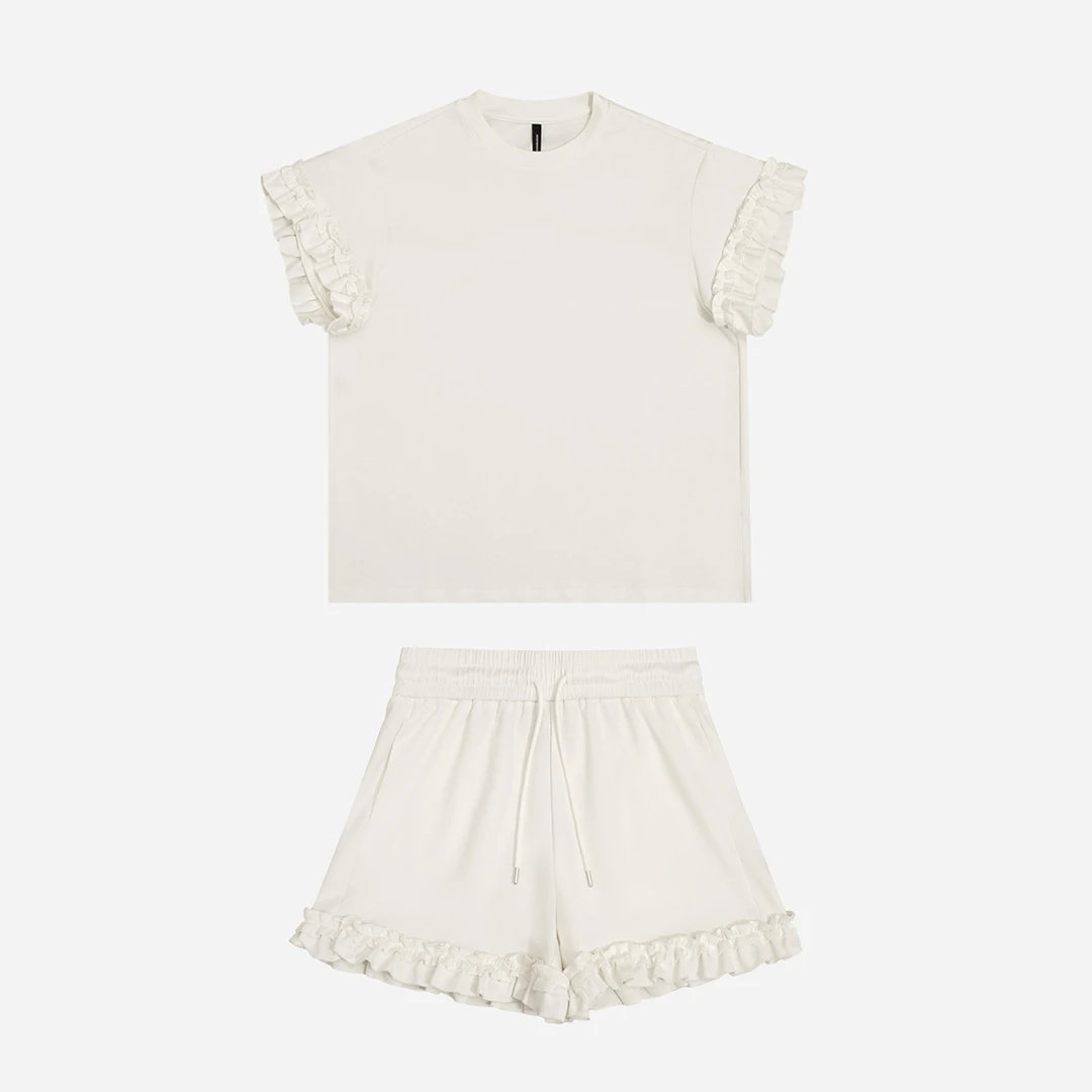 GGAHOLIDAY夏季时尚休闲简约宽松荷叶边拼接白色套装-152608/9