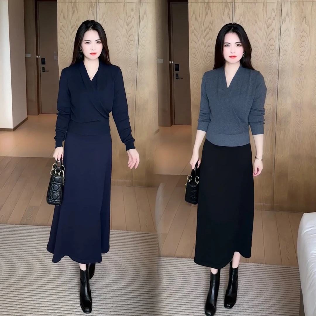 时尚套装2025秋装新款法式气质交叉v领长袖针织衫半身裙两件套