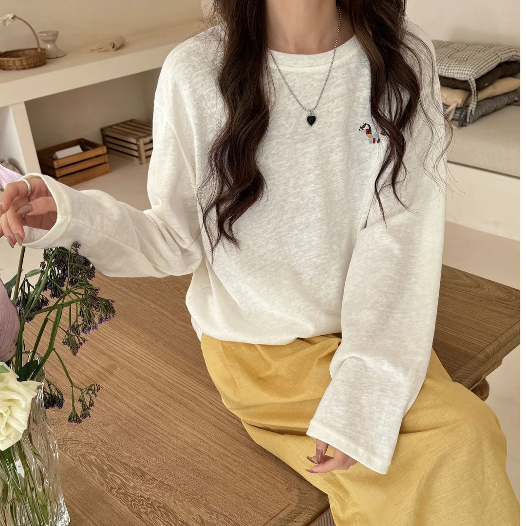 FUJIA STYLE新款休闲百搭时尚简约纯色刺绣小马长袖T恤T00162