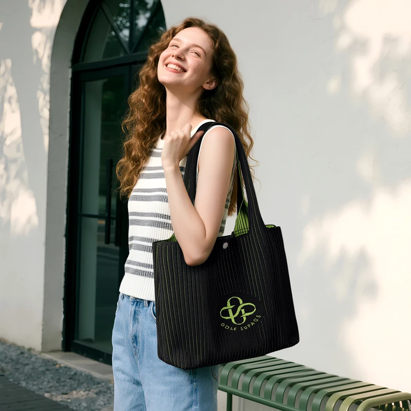 GOLF/高尔夫女士托特包韩版简约条纹针织单肩包大学生通勤手提包