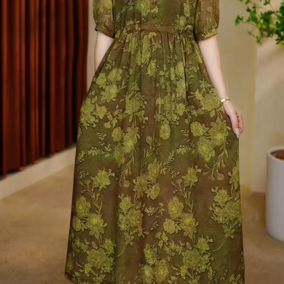 10207-夏季新款气质圆领印花遮肉显瘦高尚连衣裙女时尚妈妈装【依】