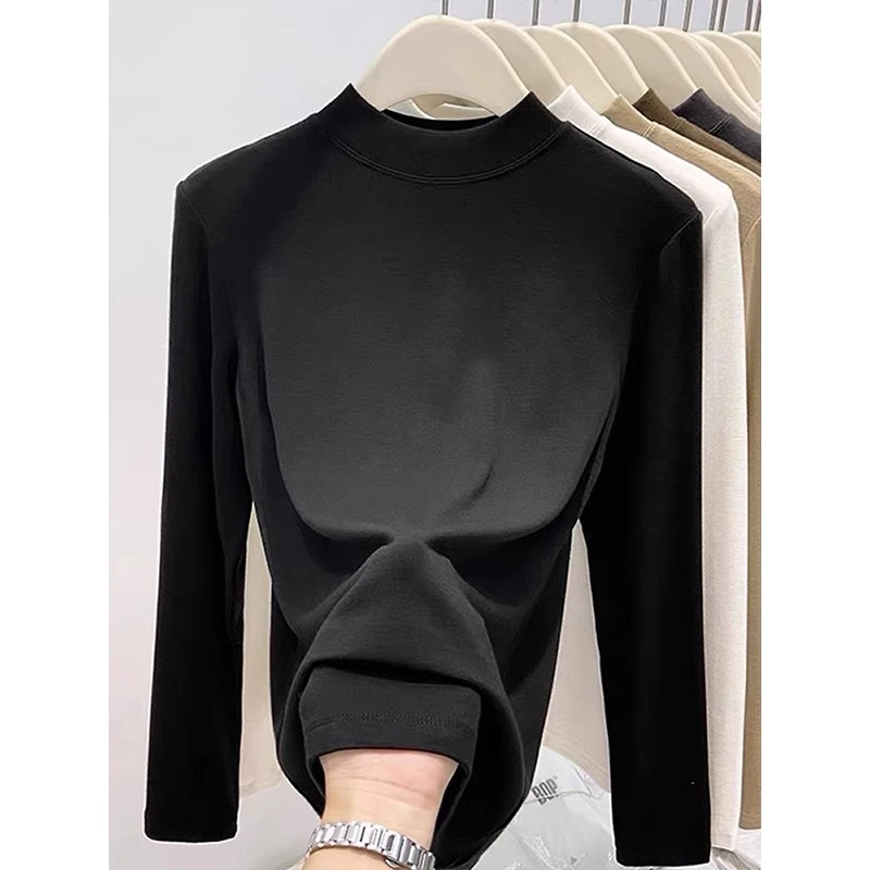德绒正肩长袖t恤女时尚休闲百搭洋气黑色上衣加厚款打底衫冬季