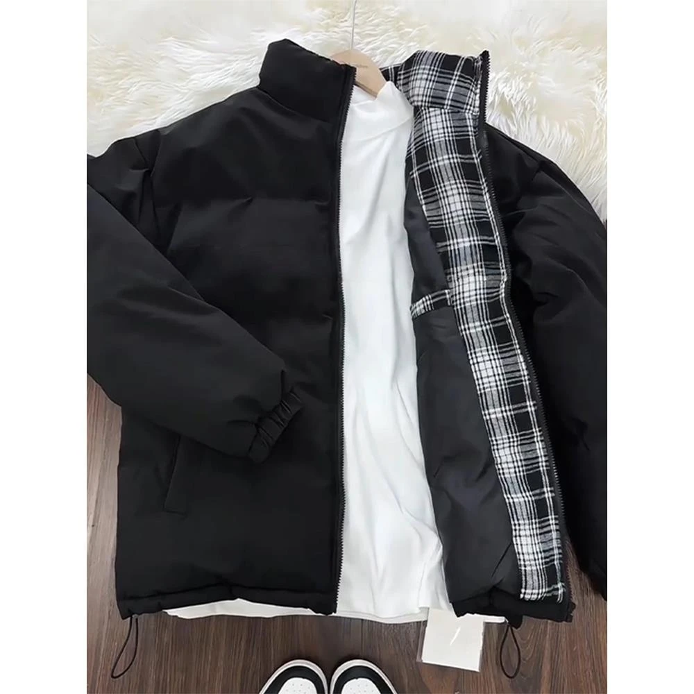 黑色cleanfit格子羽绒棉服男款秋冬季加厚保暖美式立领面包服外套