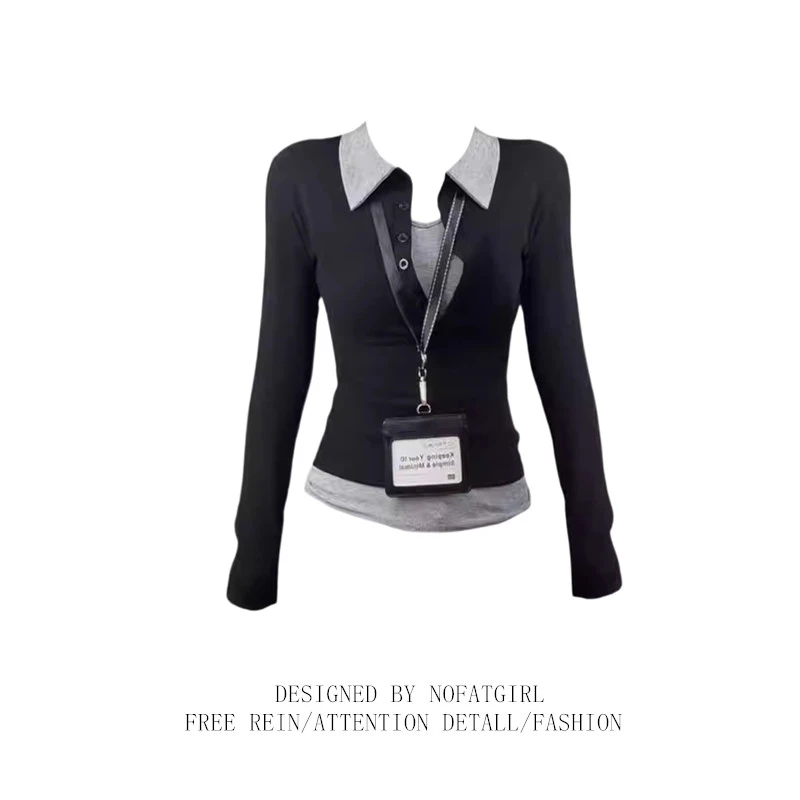 大码胖MM美式复古假两件拼接撞色长袖T恤女秋2025修身打底衫上衣