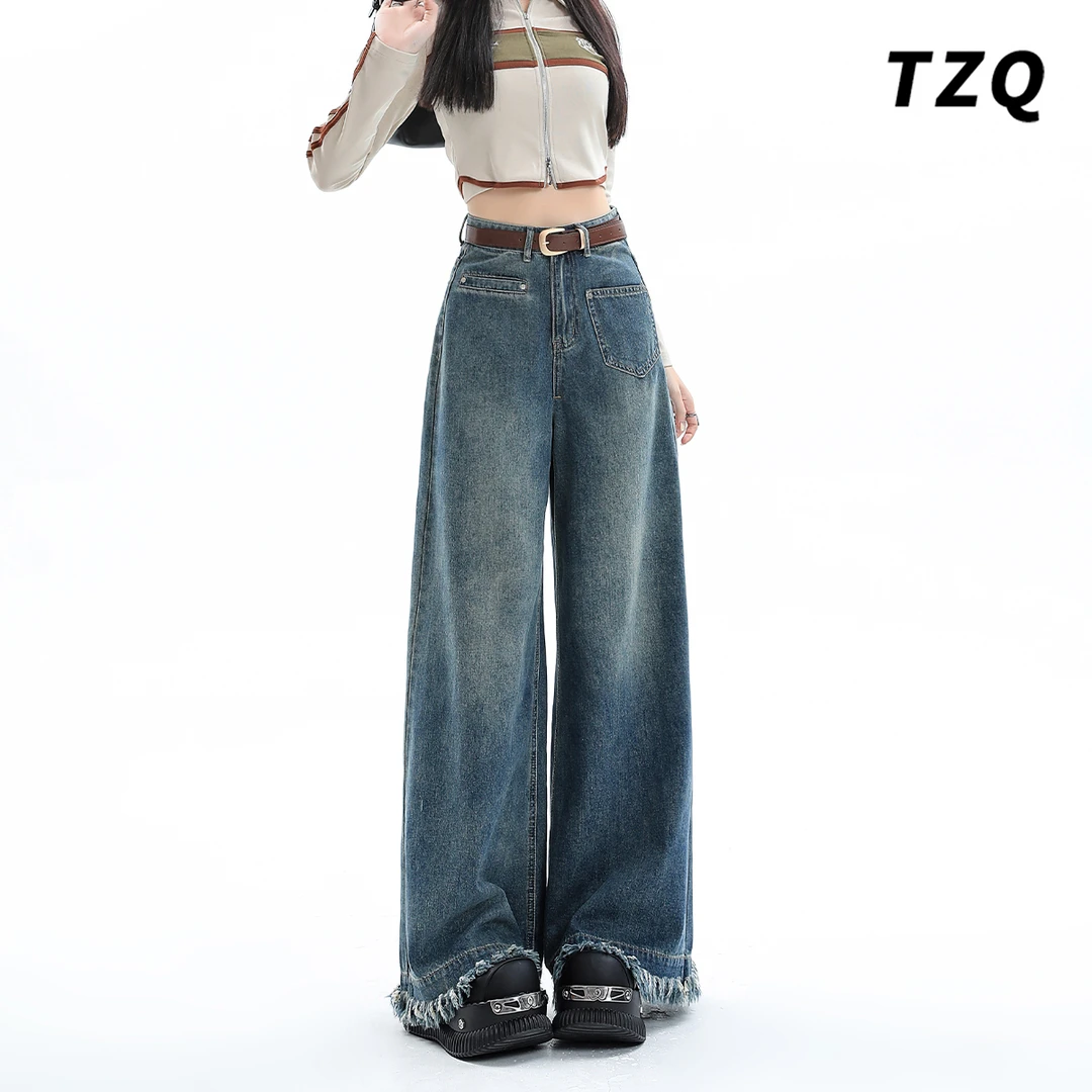 秋季新款复古毛边阔腿牛仔裤女高腰宽松大裤腿爆款裙裤TZQ2570806