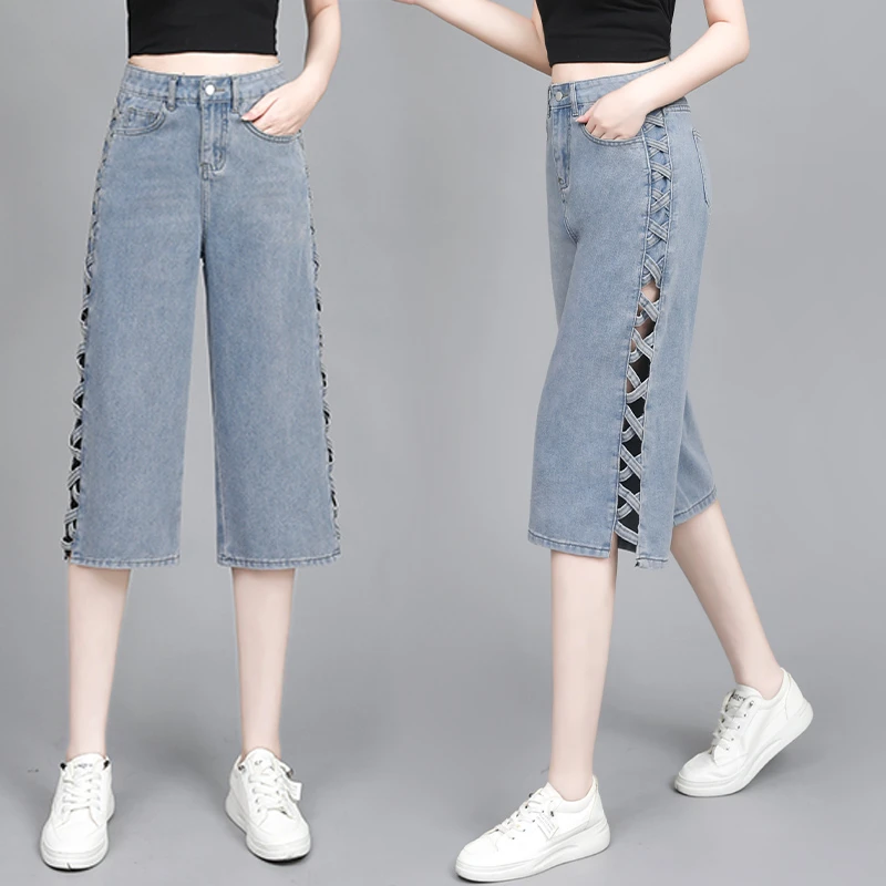 2025年新款高腰镂空宽松七分薄款牛仔裤女装夏款七分直筒牛仔裤女