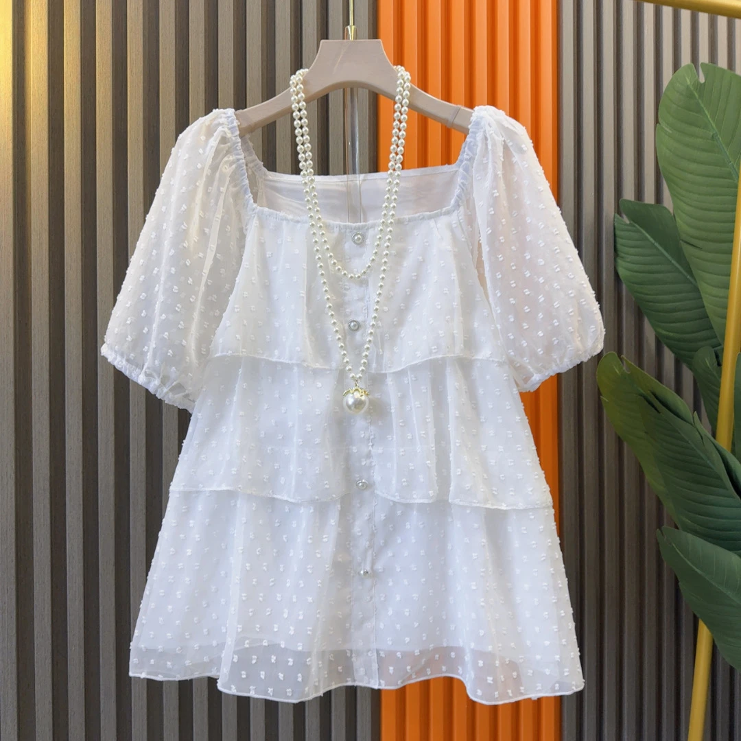 春夏新款大码女装波点仙气纱网拼接打底T恤衣长62左右气质时尚