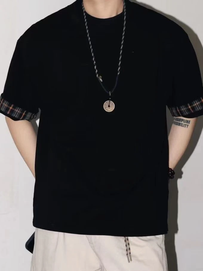 古休夏季撞色休闲宽松休闲潮流百搭圆领半袖100%纯棉T恤短袖