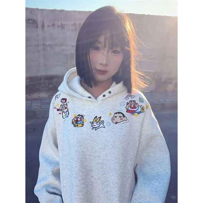 美式复古趣味刺绣纽扣连帽卫衣女秋冬加绒小新设计感小众百搭上衣