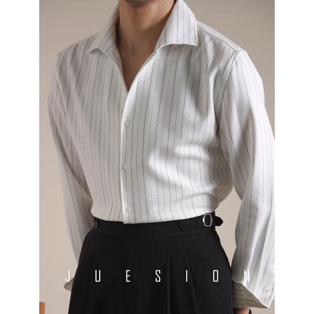JUESION 意式一片领条纹长袖衬衫男免烫商务休闲轻熟风薄款寸衬衣