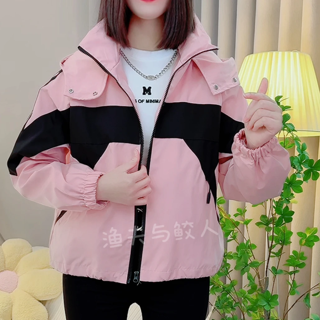 2025春季欧洲站宽松拼色短款新连帽休闲冲锋衣短外套薄上衣高档潮