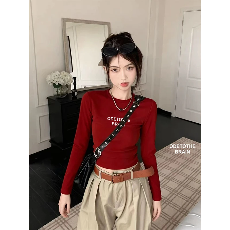 长袖t恤女2025春秋新款修身显瘦短款内搭打底衫高腰露肚脐上衣潮