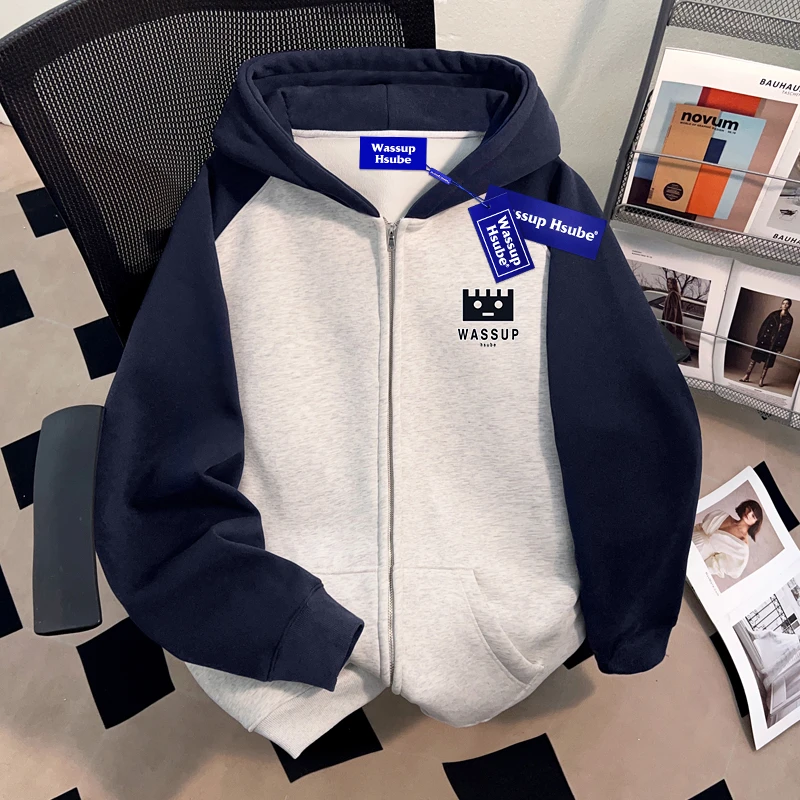 WASSUP HSUBE美式复古重磅潮牌连帽开衫卫衣秋冬ins休闲男女上衣
