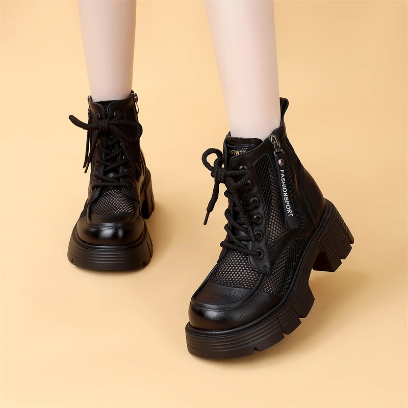 马丁靴女夏季薄款透气镂空网靴2025春新款真皮短靴厚底英伦风靴子