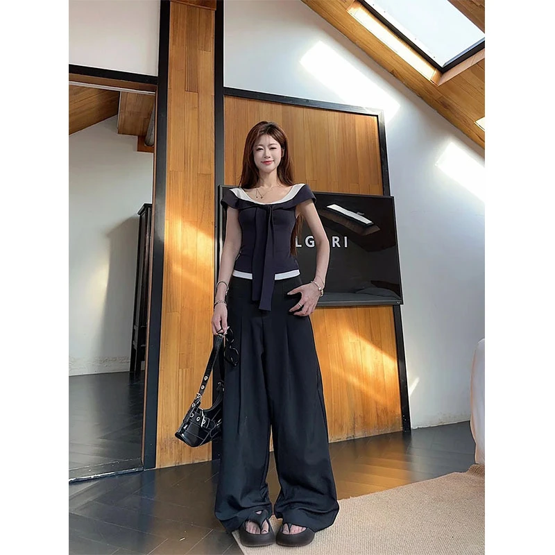 夏季新款显瘦修身穿搭设计款小众领带上衣休闲简约时尚宽松长裤女