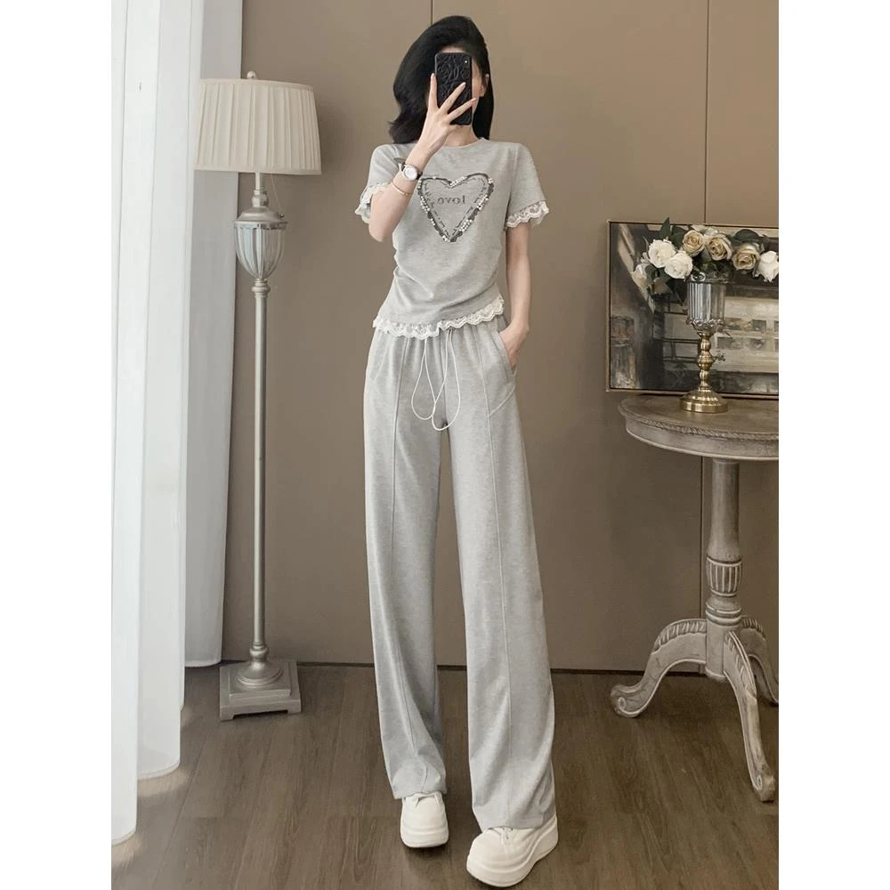 韩版休闲运动套装女夏季减龄显瘦时髦蕾丝边短袖高腰阔腿裤两件套