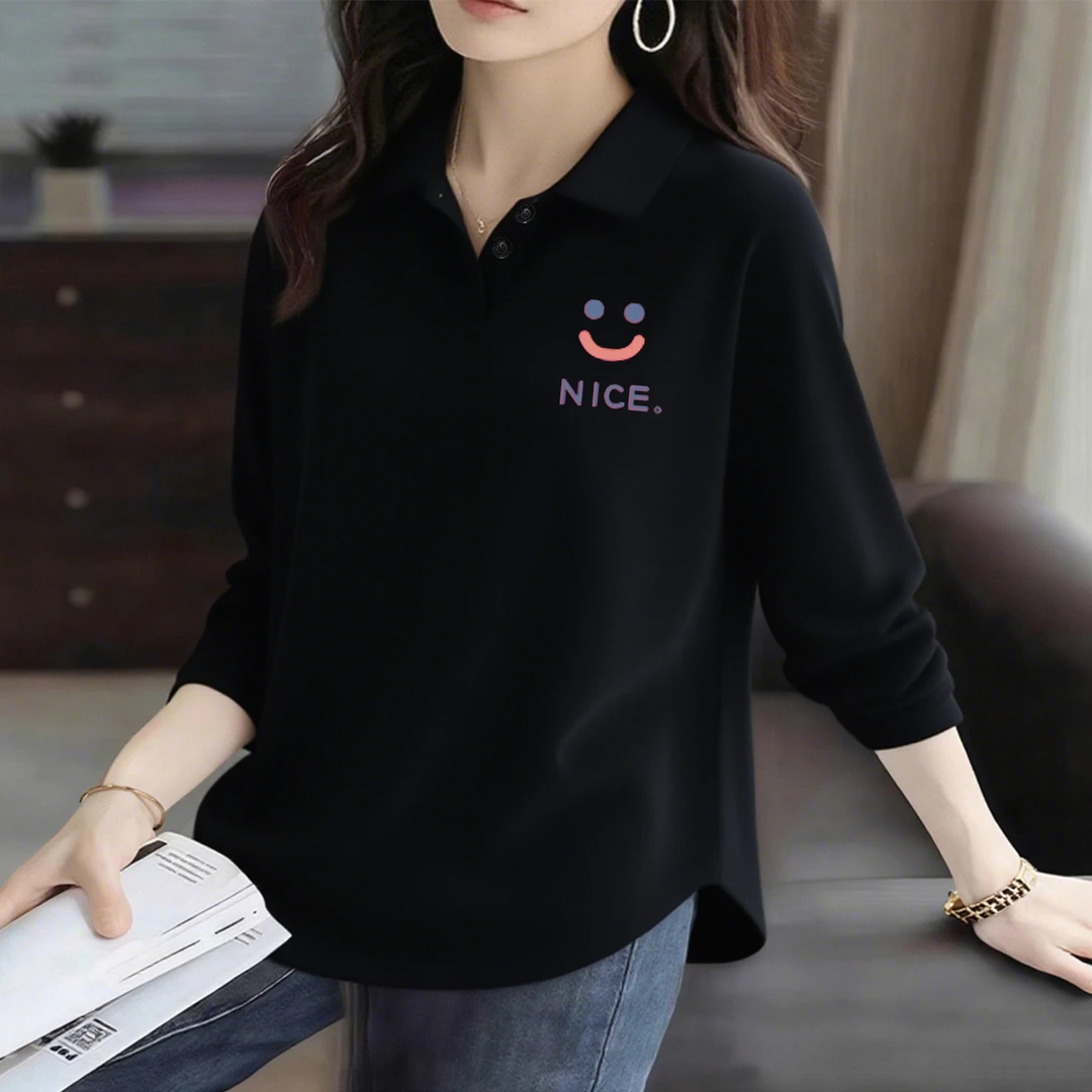 翻领德绒POLO衫女秋冬休闲大码女士弧形下摆宽松百搭洋气长袖上衣