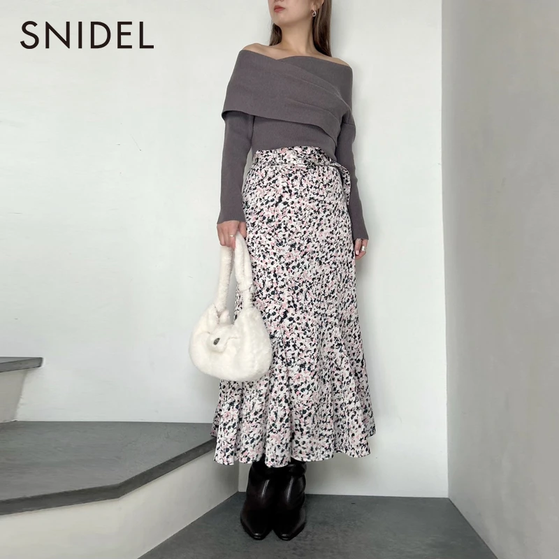 SNIDEL春夏气质优雅高腰腰带印花鱼尾半身裙SWFS235021