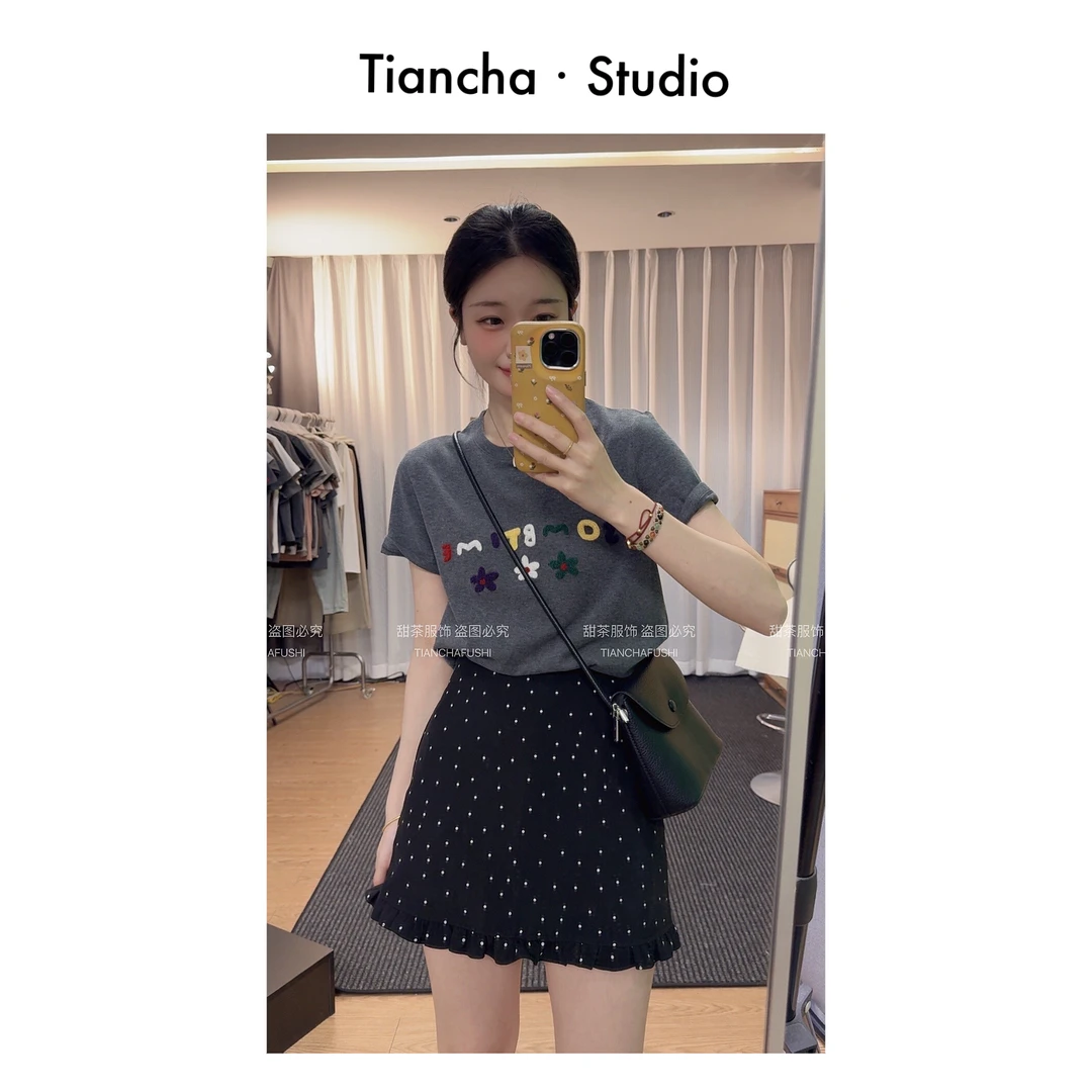 sweet c【字母小花】M318#夏季韩版风慵懒正肩短袖T恤气质百搭