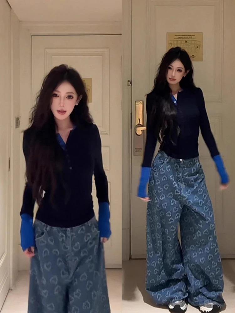 美式辣妹撞色假两件针织打底衫女秋冬新款修身内搭毛衣设计感上衣