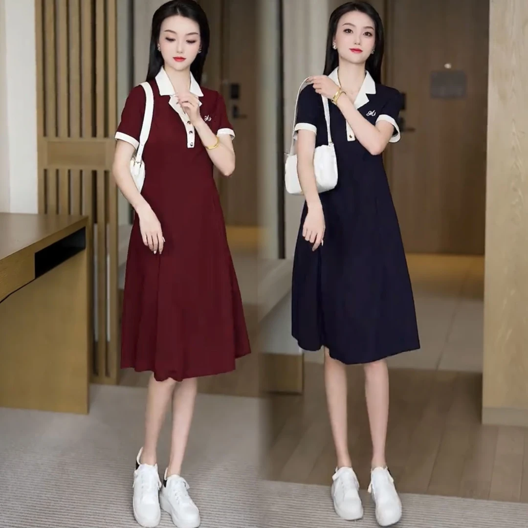 时尚纯色短袖连衣裙女夏季新款洋气妈妈装修身显瘦减龄中长款裙子