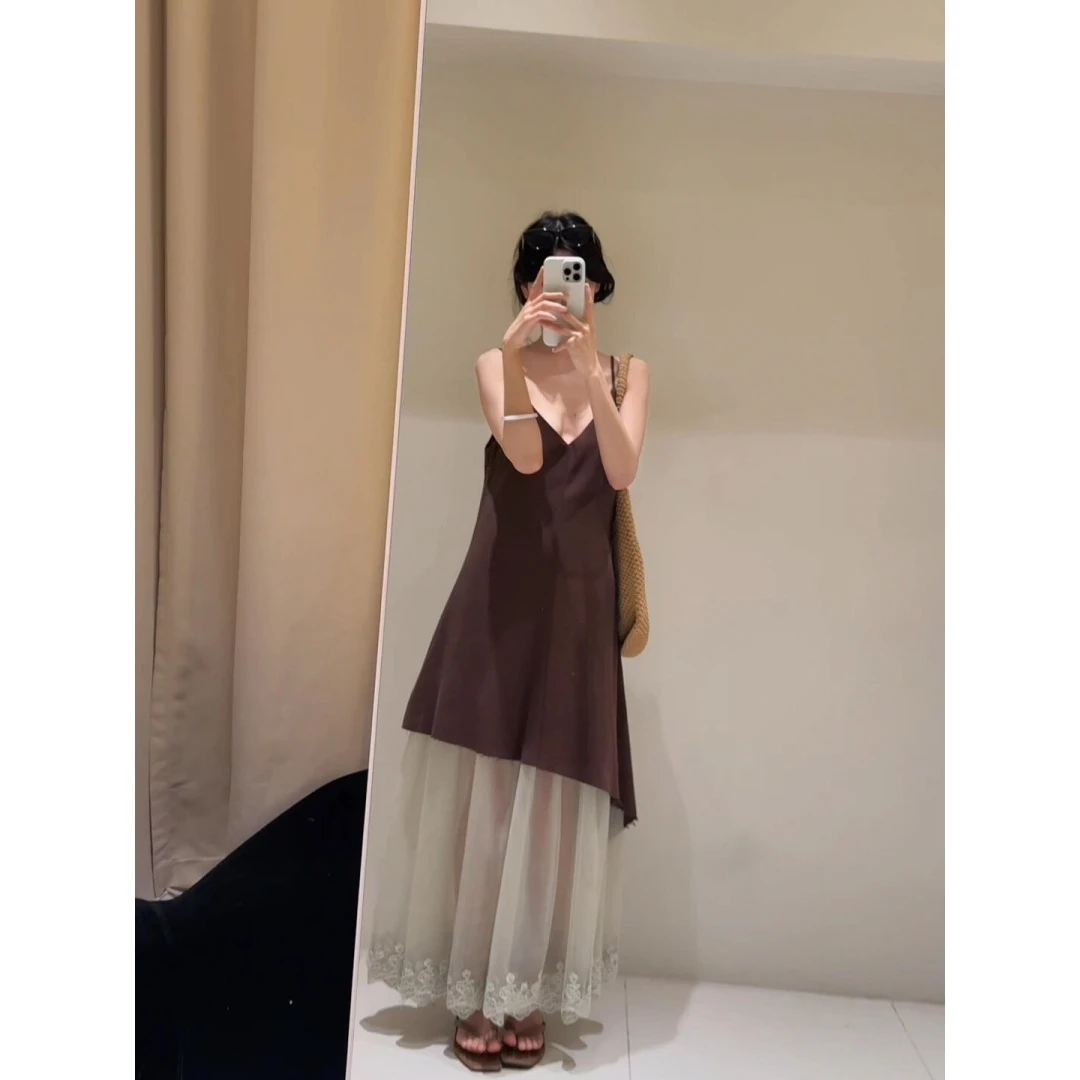 MARIE.COCO美拉德侘寂风小众V领不规则吊带连衣裙蕾丝半身裙套装