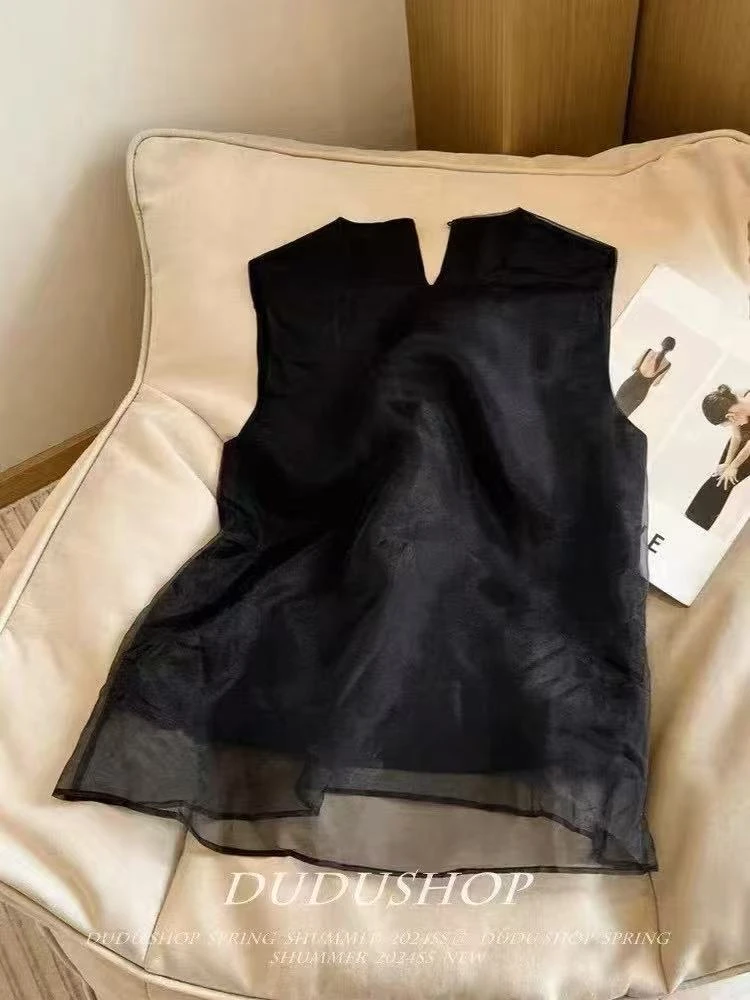 净面外网纱马甲 无袖防晒常规款圆领吸汗拼接T恤中式内搭初恋风