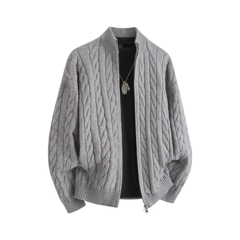 右刹半高领拉链毛衣男高级慵懒感长袖针织衫时尚洋气百搭灰色外套