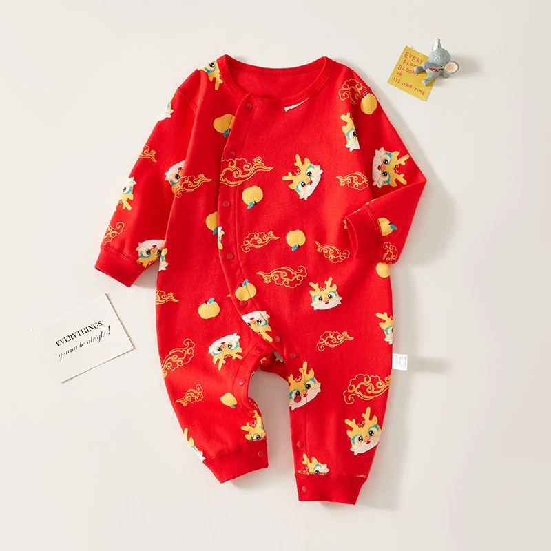 婴儿连体衣红色春秋款纯棉a类秋衣女新生男百天满月龙年宝宝衣服