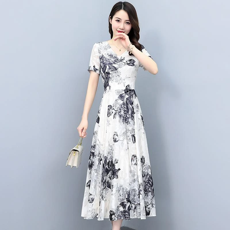 品牌中年妈妈雪纺连衣裙女士2024夏季新款高端洋气遮肚子显瘦裙子