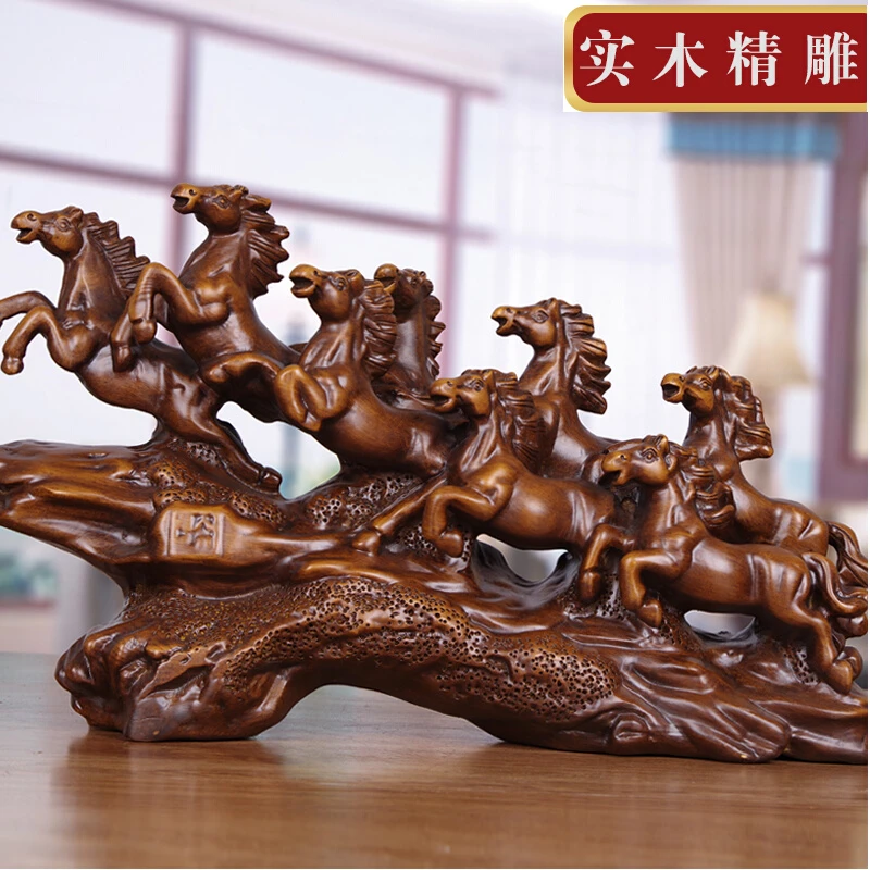 实木雕八骏马摆件开业礼品马到成功工艺品客厅玄关办公室桌面摆件