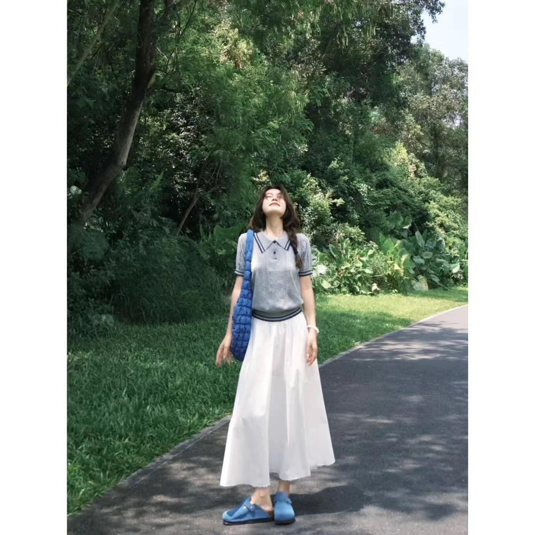 夏日ootd穿搭一整套女学院风灰色POLO领短袖上衣半身长裙两件套装