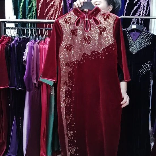 4XL5XL旗袍烫钻长款