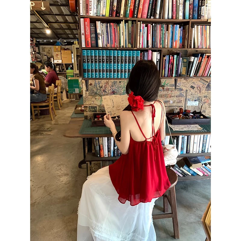 番茄妹妹Tomatosister 露背挂脖雪纺衫女度假风chic别致绝美上衣