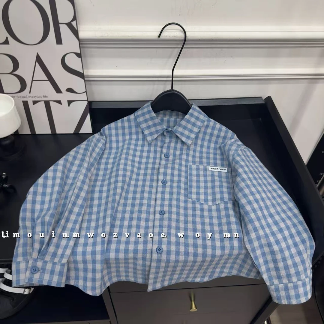 春秋装儿童韩版复古格纹休闲翻领长袖衬衫上衣