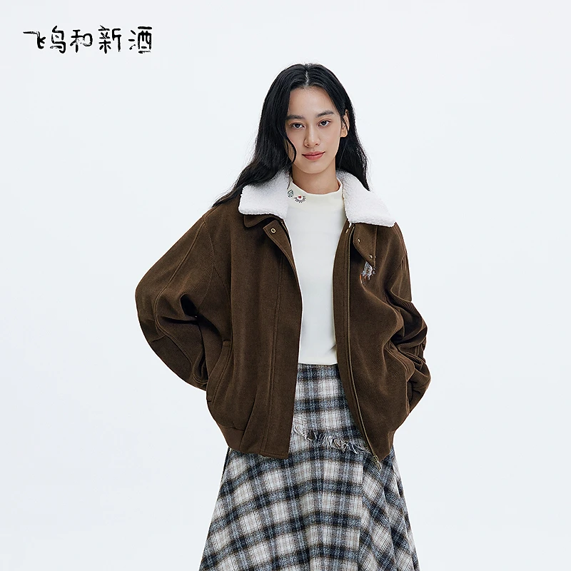 飞鸟和新酒冬美拉德风穿搭毛毛领宽松保暖灯芯绒短外套FD57072061