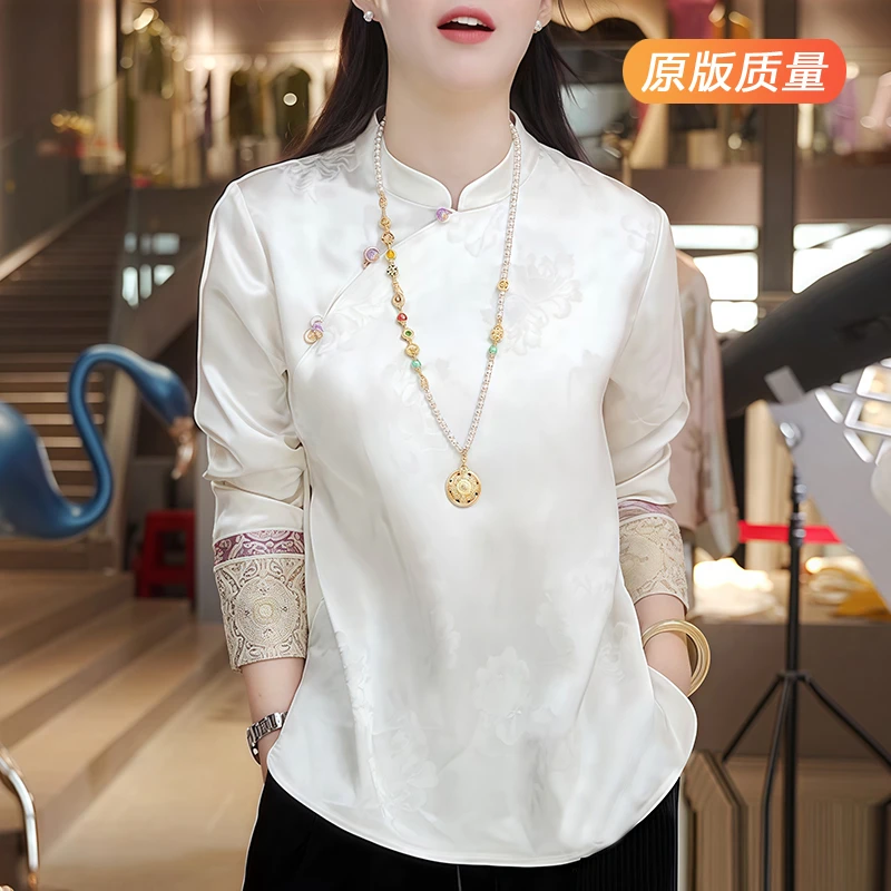 新中式立领斜襟醋酸缎面长袖衬衫女秋季改良旗袍国风打底衫上衣