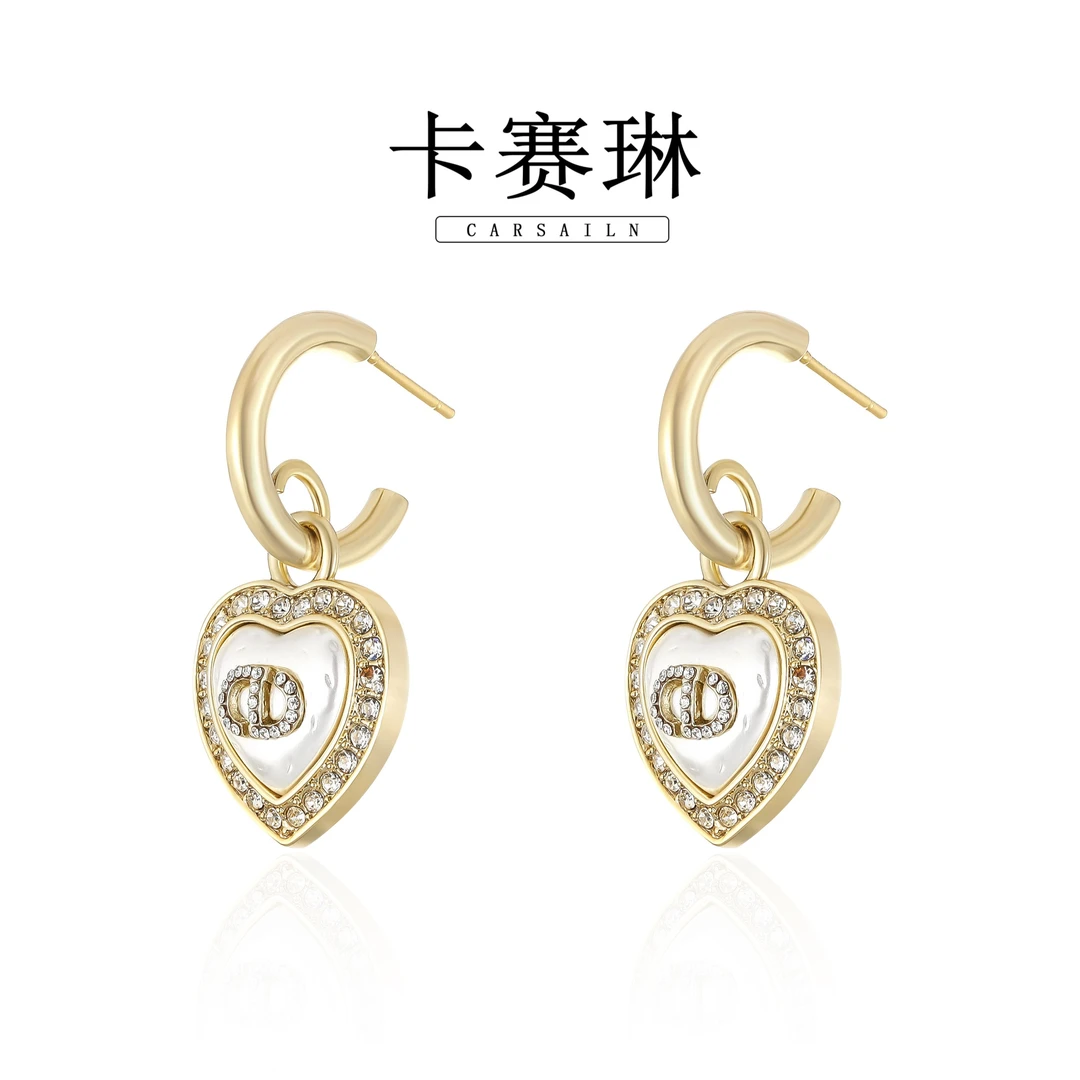 卡赛琳carsailn/ 镀K金 925银针 CNC精工 锆石轻奢爱心耳钉 5031