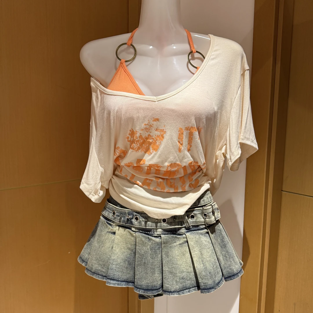 MUA家美式复古慵懒辣妹上衣牛仔百褶裙夏季款