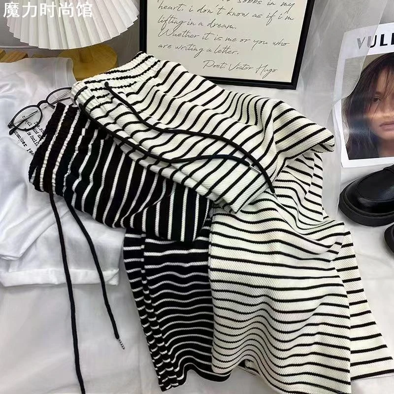 黑白条纹休闲裤女春夏高腰直筒毛巾裤宽松垂感阔腿裤拖地长裤