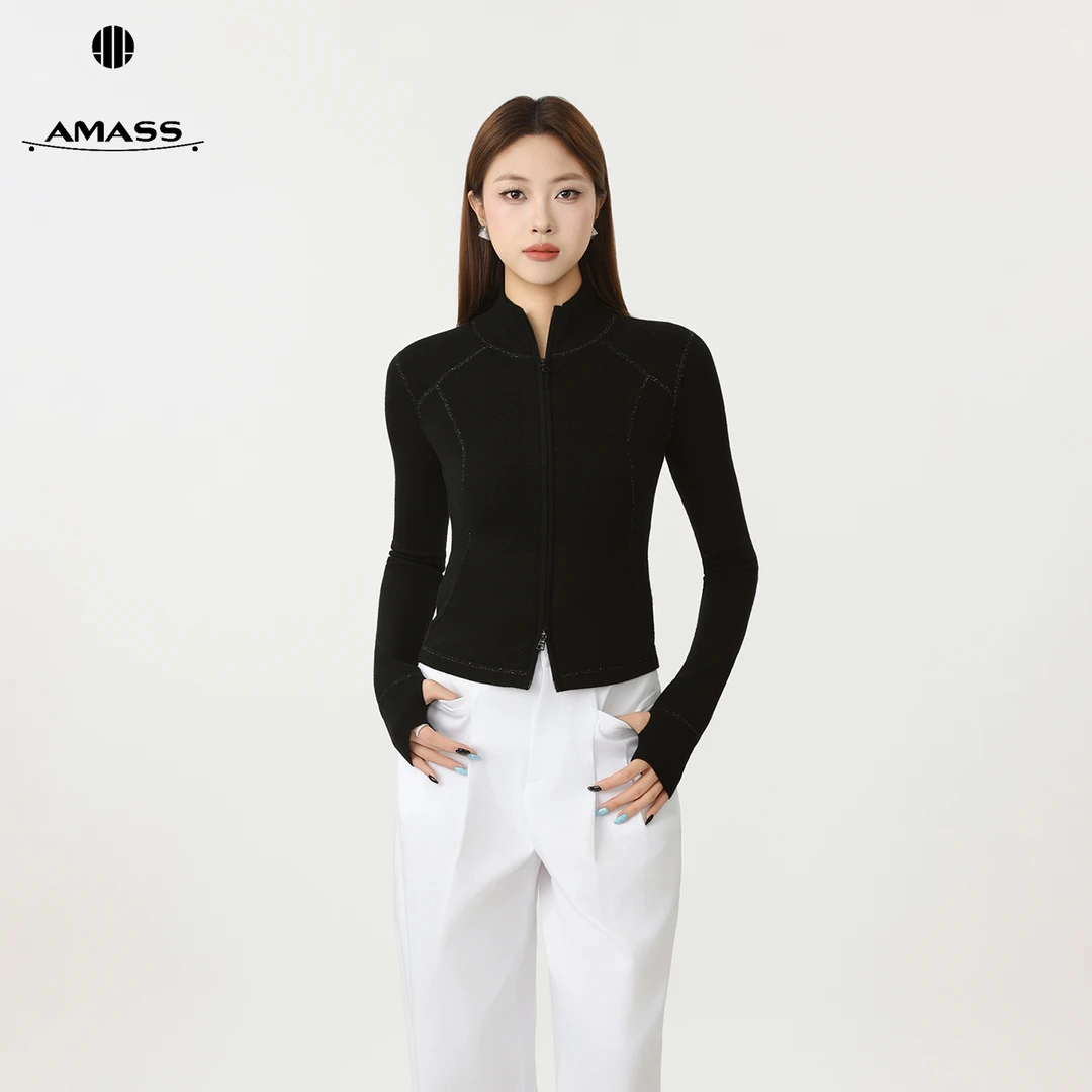 AMASS/阿玛施秋冬新款修身显瘦半高领休闲运动羊毛针织开衫548065