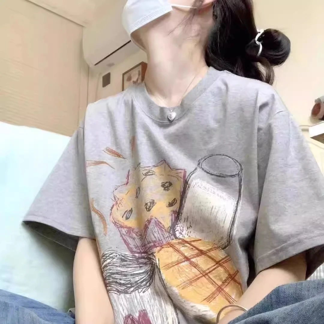 oversize欧货美式百搭灰色正肩纯棉短袖t恤女夏设计感体恤上衣服